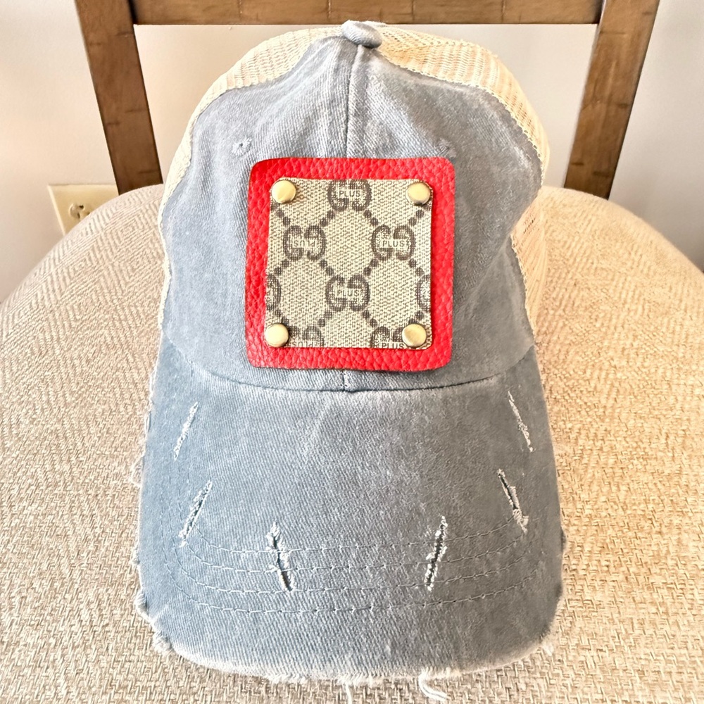 Blue Denim Cap with Up cycled Gucci and  Red Logo Patch